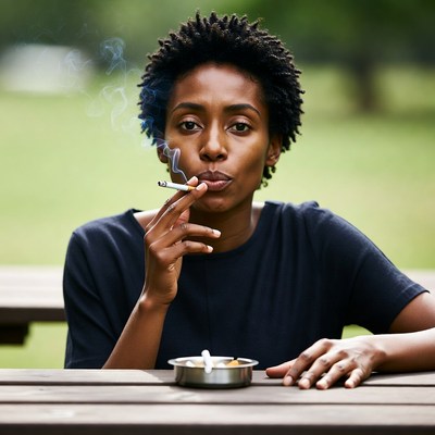 African-American woman smoking cigarette outdoors