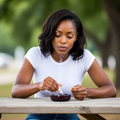 African-American woman smoking cigarette outdoors