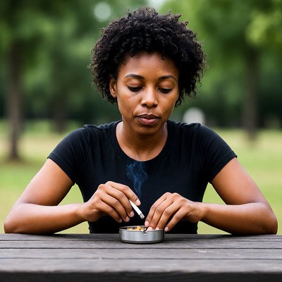 African-American woman smoking outdoors