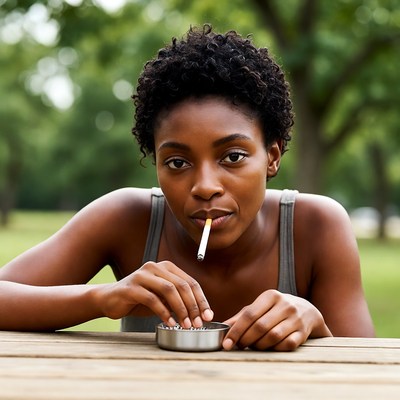 African-American woman smoking outdoors