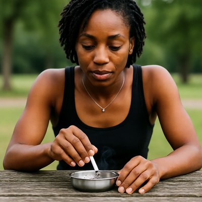 African-American woman smoking cigarette outdoors