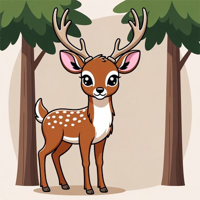 Cute cartoon fawn between trees
