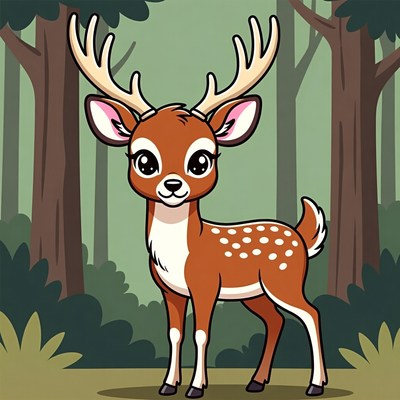 Cute cartoon fawn in forest