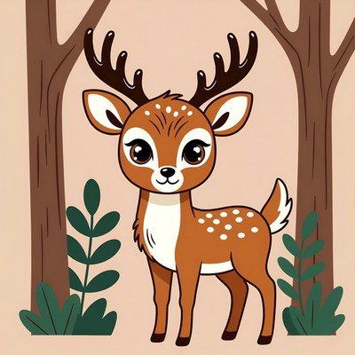 Cute cartoon deer in forest
