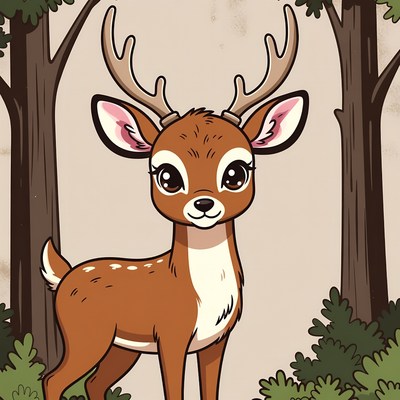 Cute cartoon deer in forest