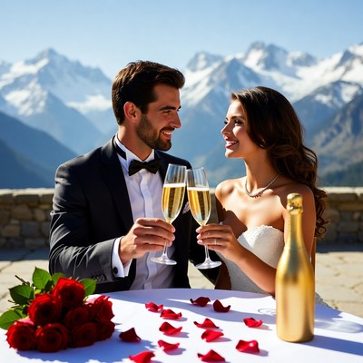 Bride and groom toasting champagne with mountains