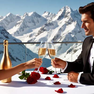 Couple toasting champagne with mountains