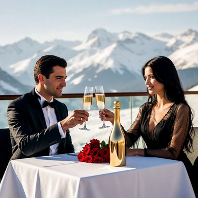 Couple toasting champagne with mountain view