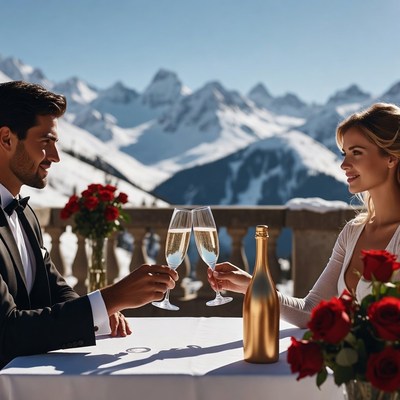 Couple toasting champagne with mountains