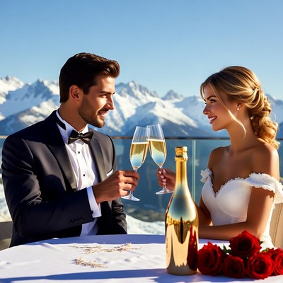 Bride and groom toasting champagne with mountains