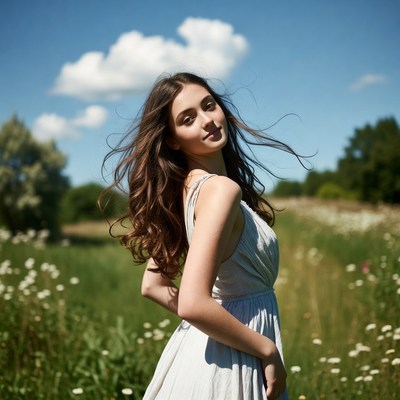 Woman in white dress in wildflower field
