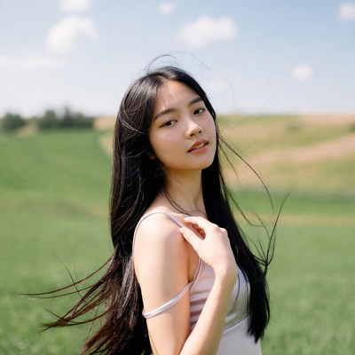 Asian woman in green field