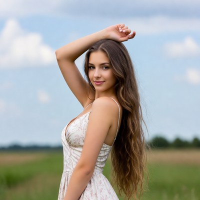 Woman in white dress raising arm in field