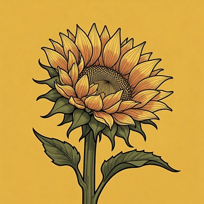 Illustrated Sunflower on Yellow Background