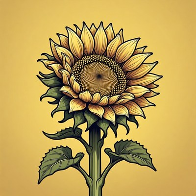 Illustrated Sunflower on Yellow Background