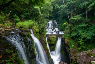 Majestic multi-tiered waterfall in lush forest