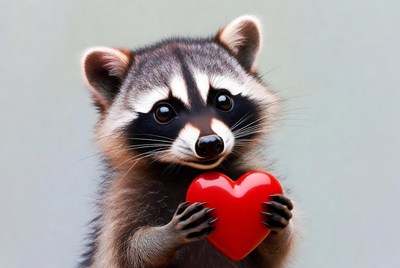 Raccoon holding red heart