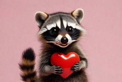 Cute raccoon holding red heart