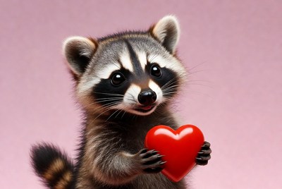 Cute raccoon holding red heart