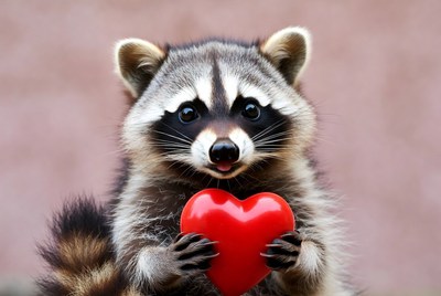 Raccoon holding red heart