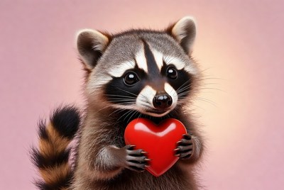 Cute raccoon holding red heart
