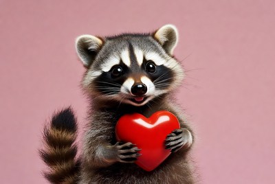 Raccoon holding red heart