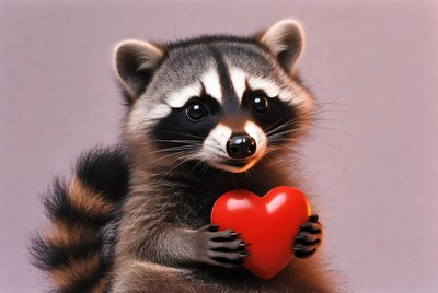 Raccoon holding red heart