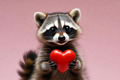 Raccoon holding red heart