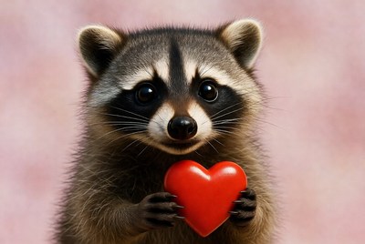 Cute raccoon holding red heart