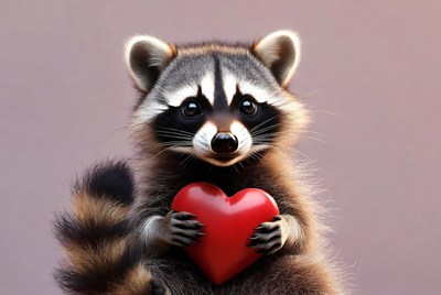 Raccoon holding red heart