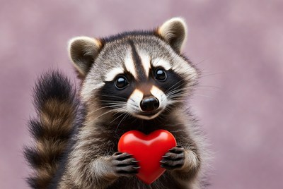 Raccoon holding red heart
