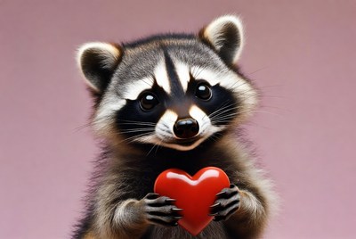 Raccoon holding red heart