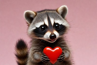 Cute raccoon holding red heart