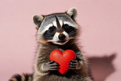 Raccoon holding red heart