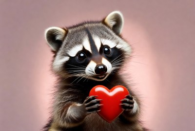 Cute raccoon holding red heart