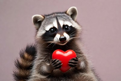 Raccoon holding red heart