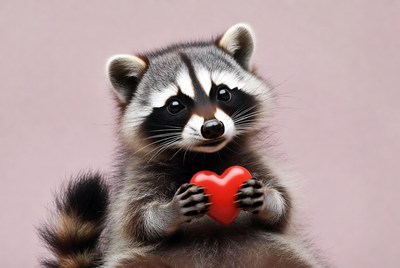 Raccoon holding red heart