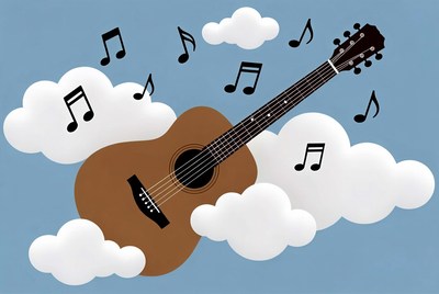Acoustic Guitar with Music Notes and Clouds