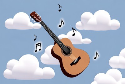 Acoustic Guitar Floating with Music Notes