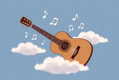 Acoustic Guitar with Music Notes and Clouds