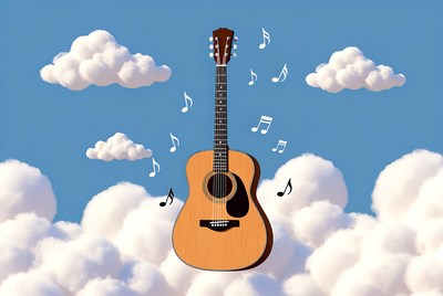 Acoustic Guitar with Music Notes in Clouds