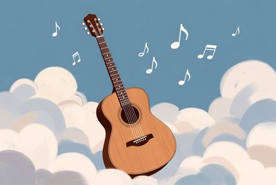 Acoustic Guitar with Music Notes on Clouds