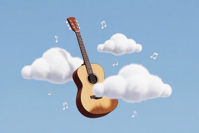 Acoustic Guitar Floating with Clouds