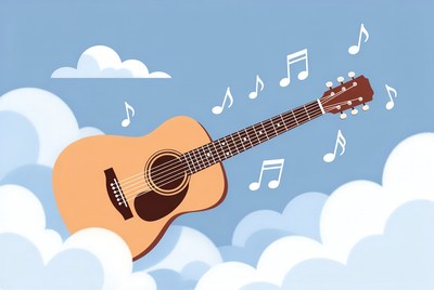 Acoustic Guitar with Music Notes in Clouds