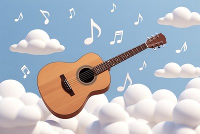 Acoustic Guitar with Music Notes in Clouds