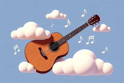 Acoustic Guitar with Music Notes on Clouds