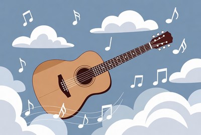 Acoustic Guitar Floating in Clouds