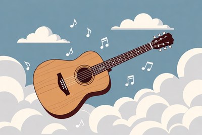 Acoustic Guitar Floating with Music Notes
