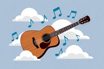 Acoustic Guitar with Music Notes and Clouds