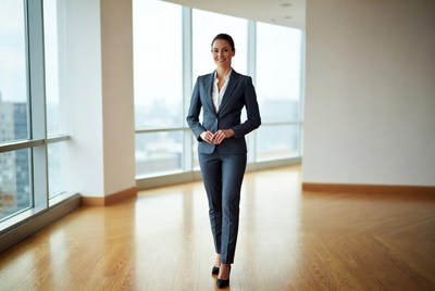 Woman in gray suit walking office